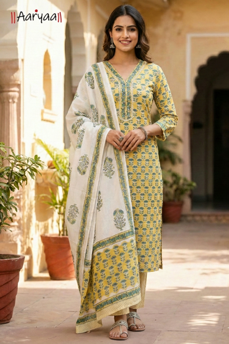 Aaryaa Meadow Bloom Block Print Kurta Set