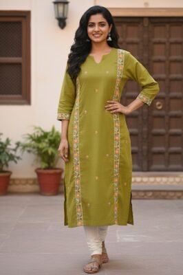 Aaryaa Earthy Olive Cotton Slub Kurta