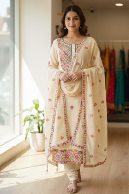 Aaryaa Cream Embroidered Cotton Suit Set