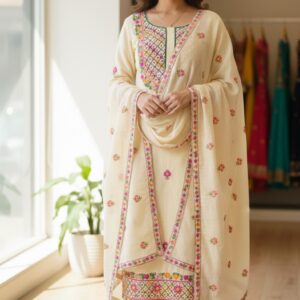 Aaryaa Cream Embroidered Cotton Suit Set