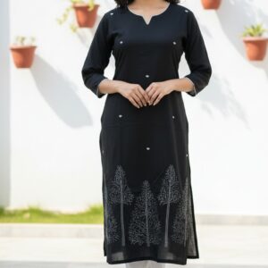 Aaryaa Black Cotton Kurta with Tree Embroidery