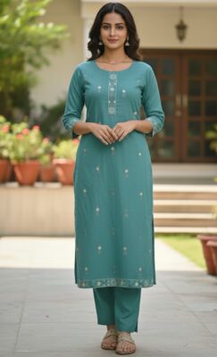 Aaryaa Teal Cotton Slub Kurta Set