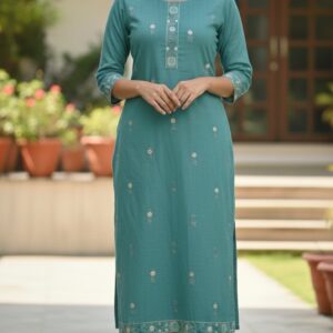 Aaryaa Teal Cotton Slub Kurta Set