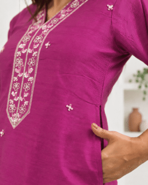 Handcrafted Magenta Silk Kurta - Image 5