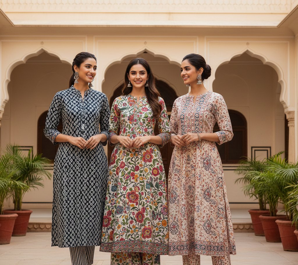 Women wearing Aaryaa printed cotton kurta sets